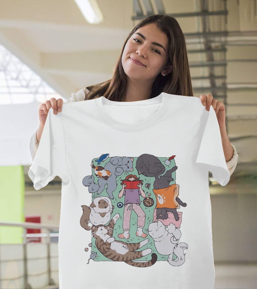 Girl Reading A Book With Cats Around Her Cat Lover T-Shirt