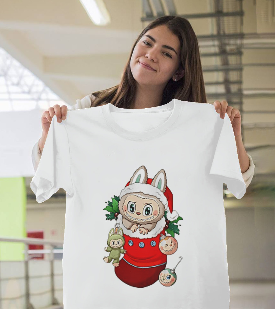 Stocking Stuffer Labubu Christmas Santa Hat Holly Ornaments T-Shirt