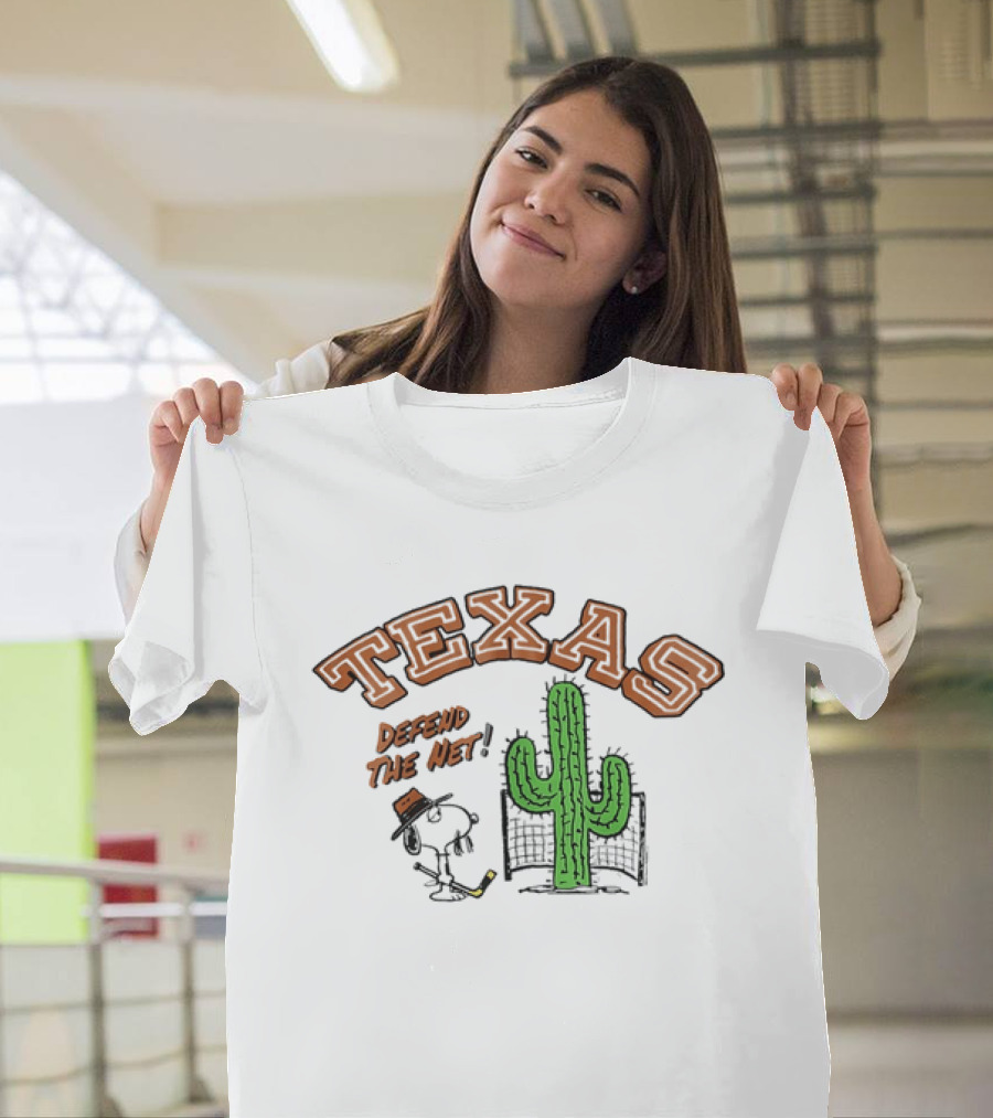 Texas Peanuts Snoopy Defend The Net Hockey Cactus T-Shirt