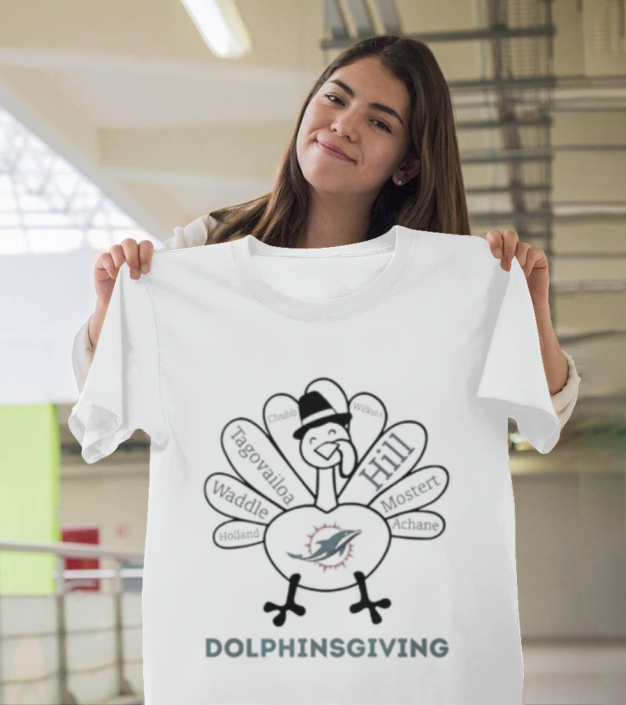 Dolphinsgiving Thanksgiving Miami Dolphins Hill Waddle Tagovailoa Mostert Turkey T-Shirt