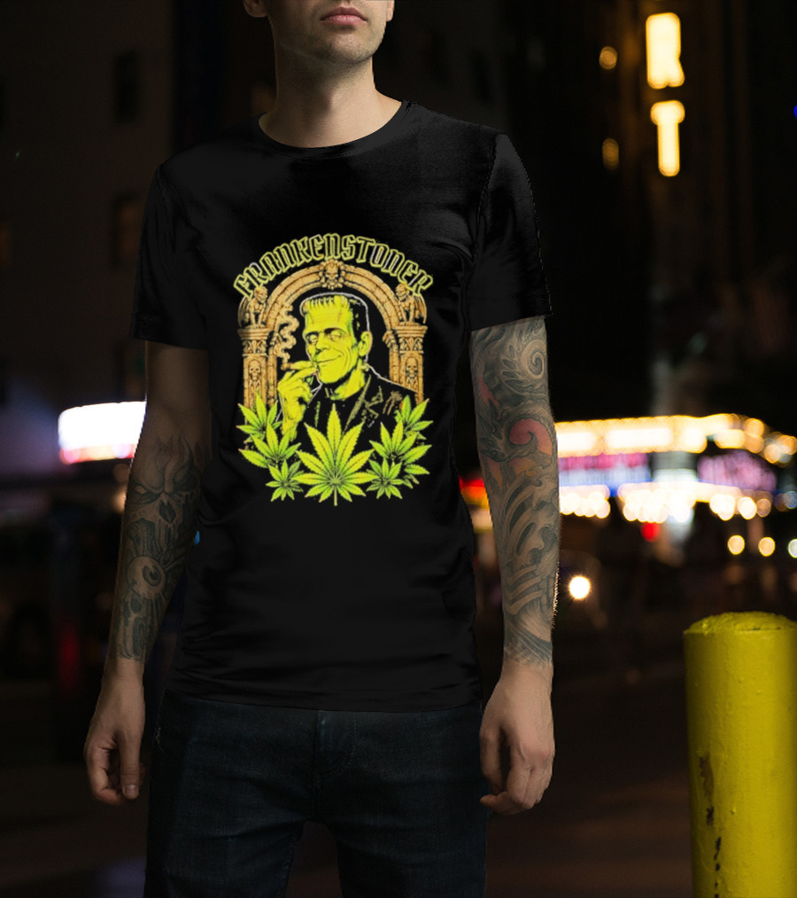 Frankenstoner Frankenstein Marijuana Smoking Arch Skulls T-Shirt
