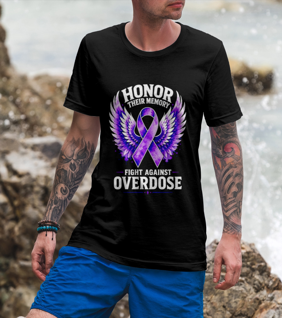 Honor Their Memory Fight Against Overdose Purple Ribbon Wings T-Shirt