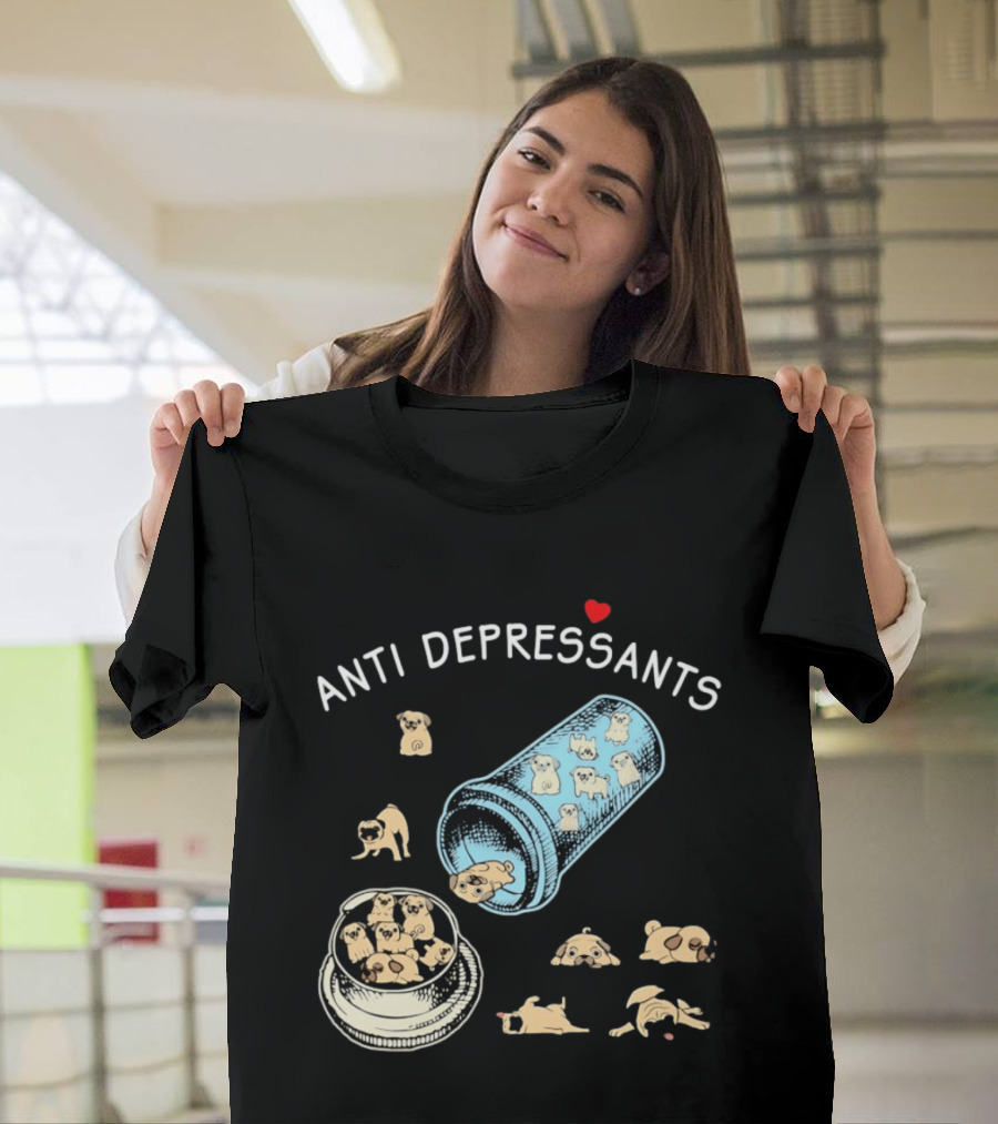 Anti Depressants Pug Puppies In Pill Bottle T-Shirt