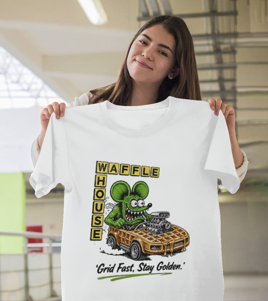 Rat Fink Waffle House Grid Fast Stay Golden Car Racer T-Shirt