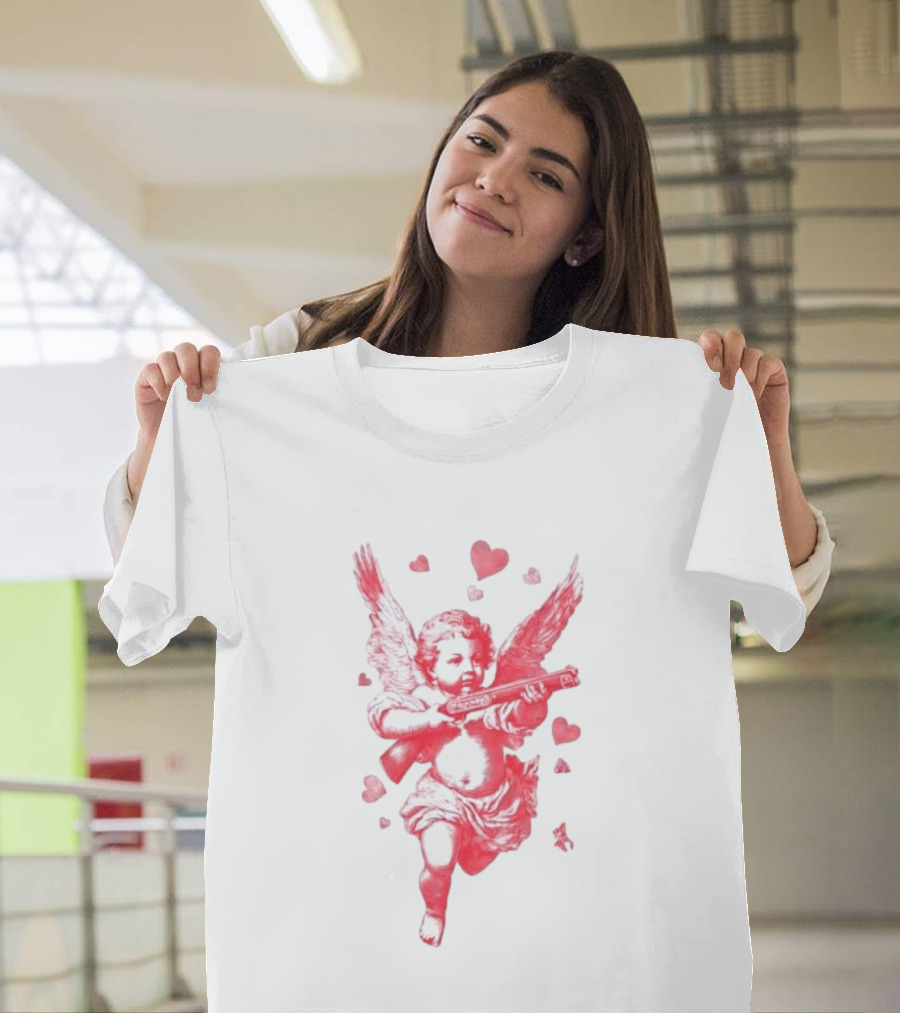 Red Pink Cherub Cupid Shotgun Hearts Clouds T-Shirt