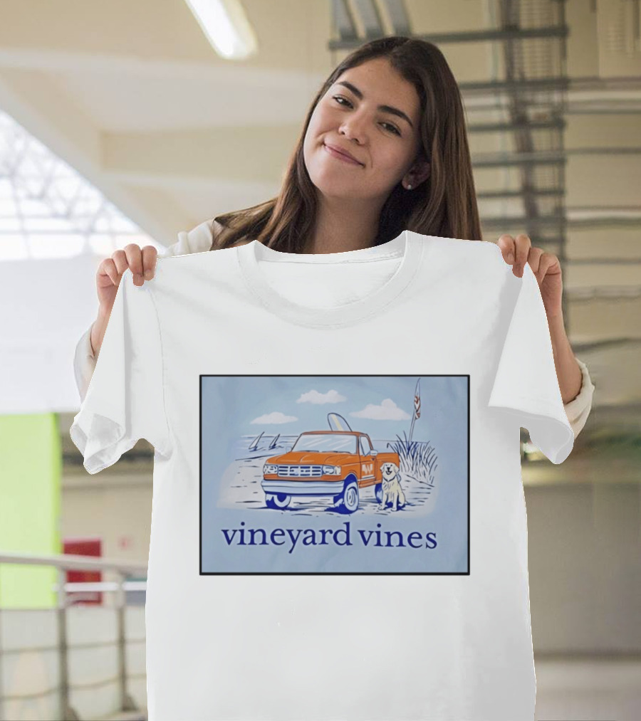 Vineyard Vines Beach Dog And Surf Truck Scene With Golden Retriever T-Shirt
