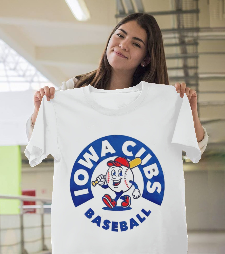 Iowa Cubs MLB Baseball Cartoon Walking Ball Bat Red Cap T-Shirt