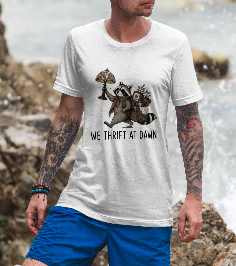 Raccoon With Backpack And Lamp We Thrift At Dawn T-Shirt