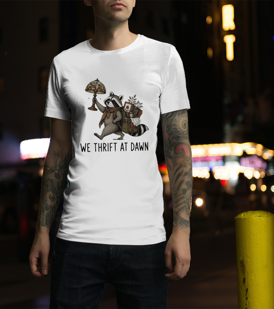 Raccoon With Backpack And Lamp We Thrift At Dawn T-Shirt