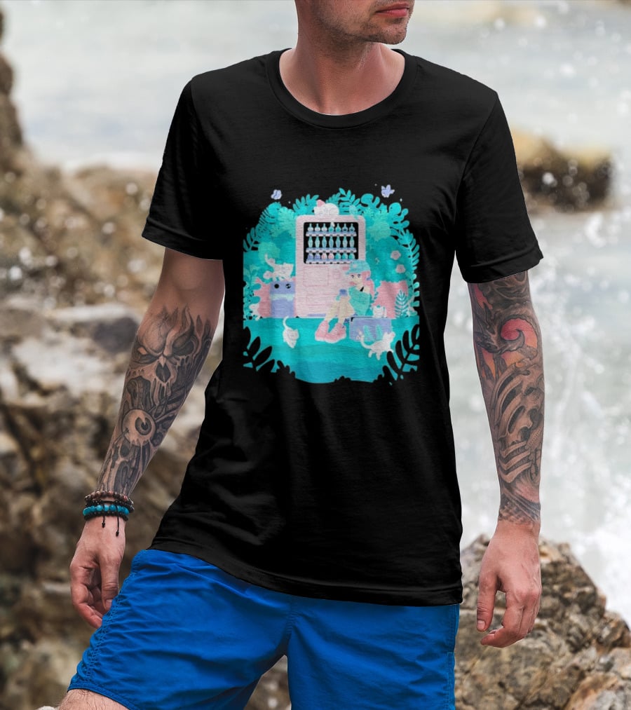 Cat Vending Machine Pastel Aesthetic With Sitting Girl And Cats T-Shirt