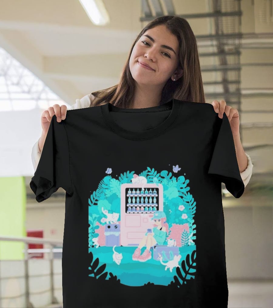 Cat Vending Machine Pastel Aesthetic With Sitting Girl And Cats T-Shirt