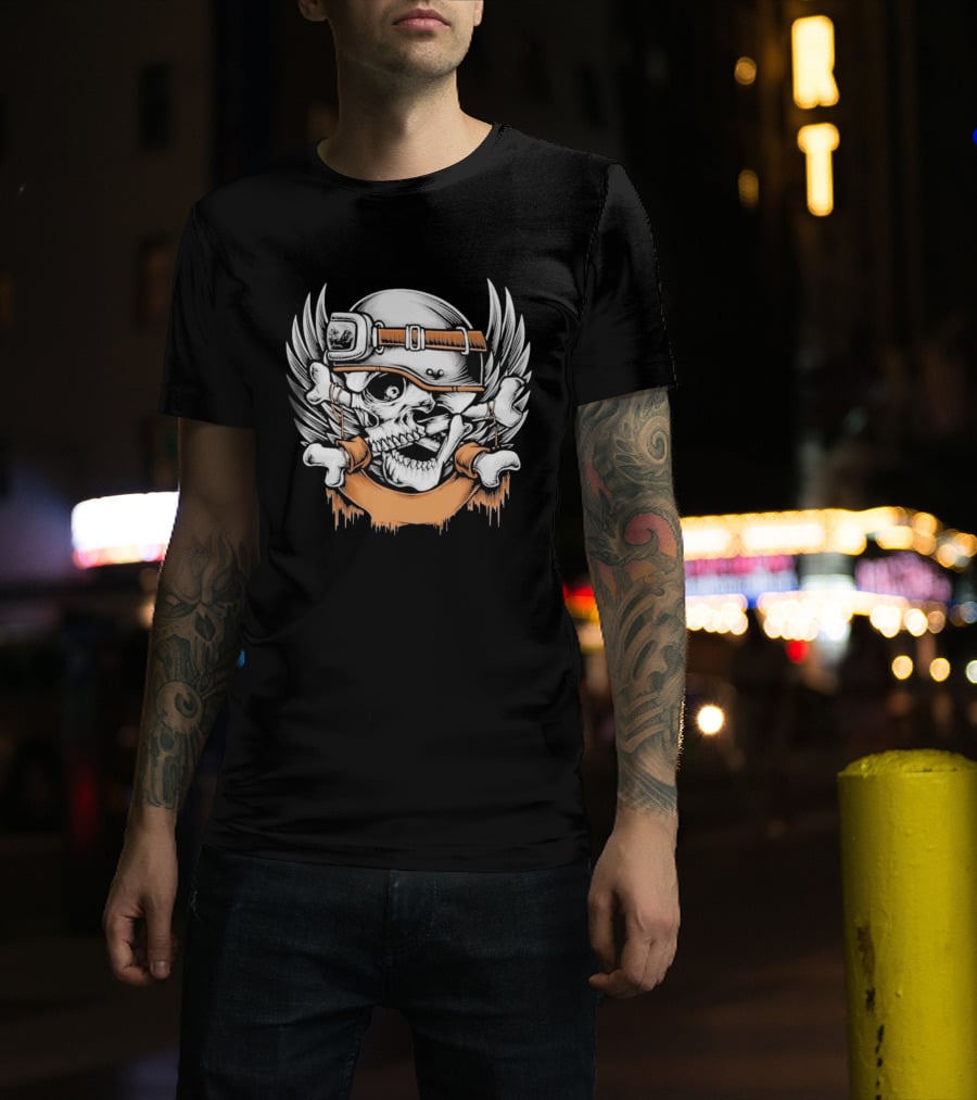 Skull With Helmet Winged Bones Biker Motif T-Shirt