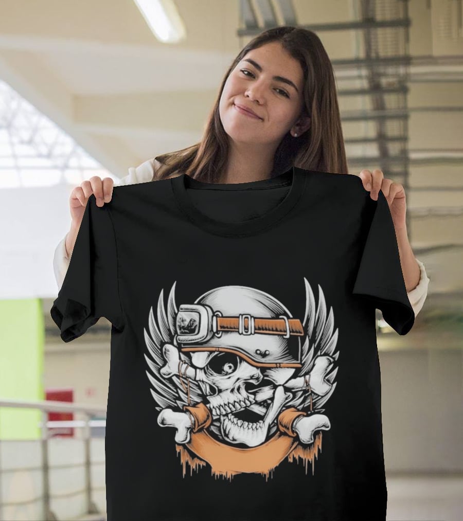 Skull With Helmet Winged Bones Biker Motif T-Shirt