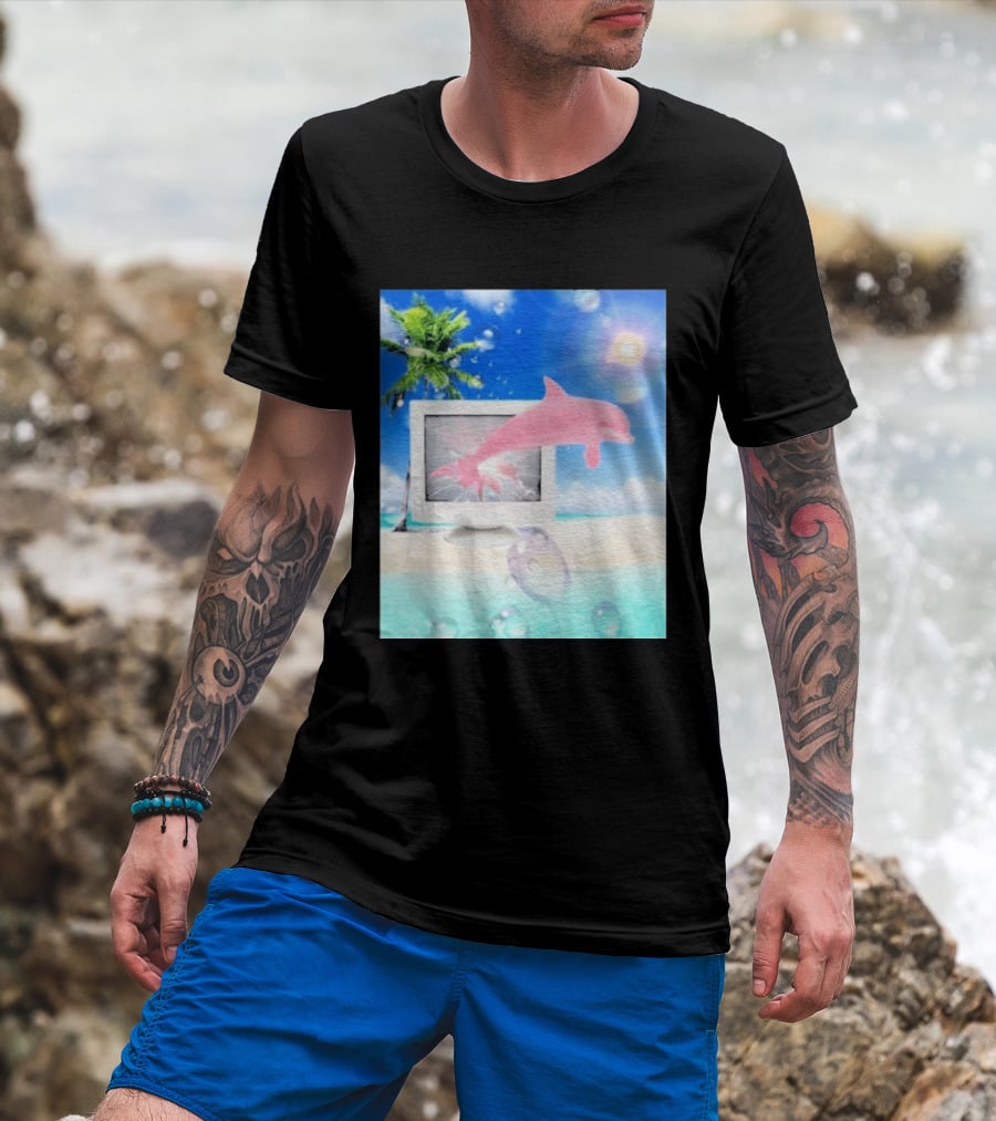 Frutiger Aero Y2k Vaporwave Palm Tree Pink Dolphin Cyberpunk Aesthetic T-Shirt