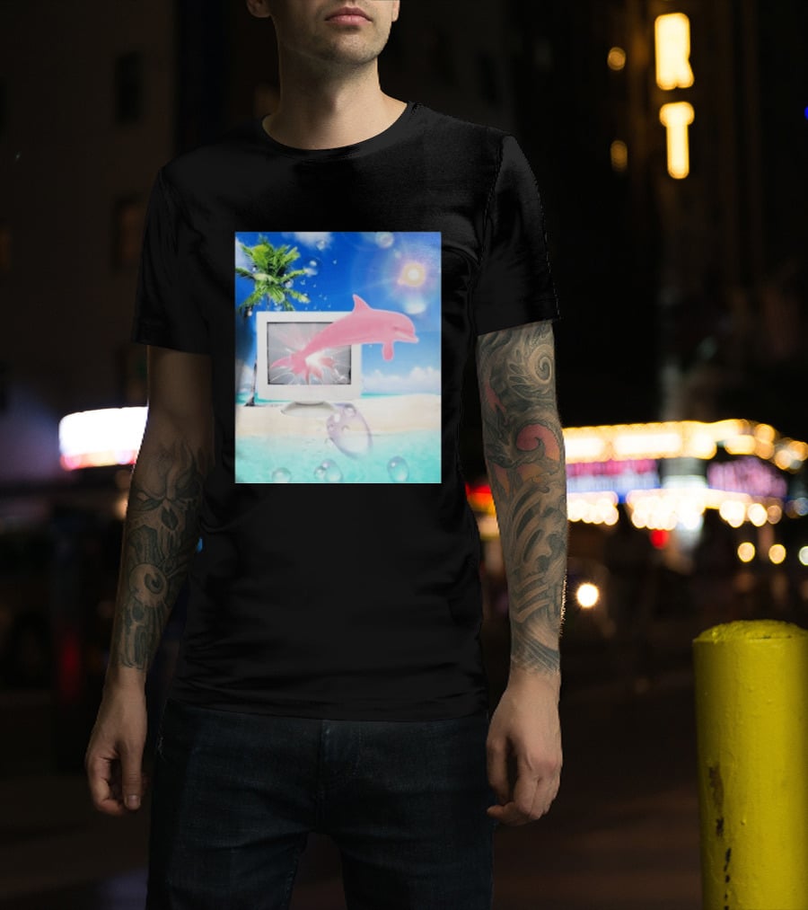 Frutiger Aero Y2k Vaporwave Palm Tree Pink Dolphin Cyberpunk Aesthetic T-Shirt