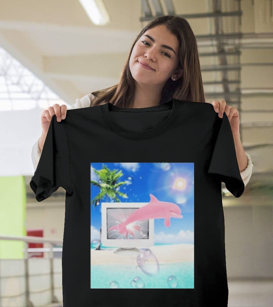 Frutiger Aero Y2k Vaporwave Palm Tree Pink Dolphin Cyberpunk Aesthetic T-Shirt