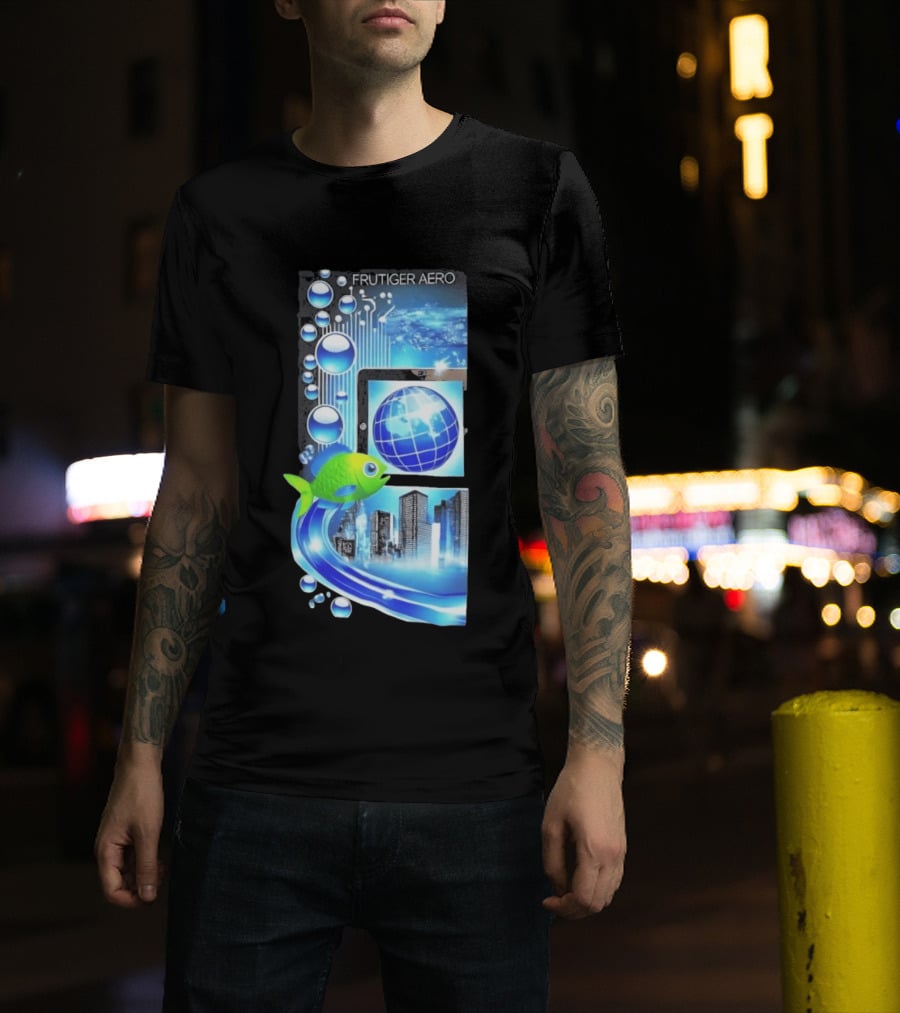 Frutiger Aero Y2K Global Tech Cityscape With Digital Fish And Blue T-Shirt