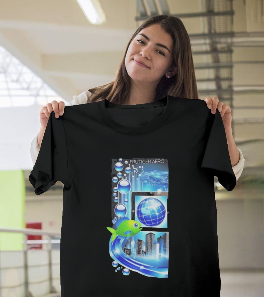 Frutiger Aero Y2K Global Tech Cityscape With Digital Fish And Blue T-Shirt