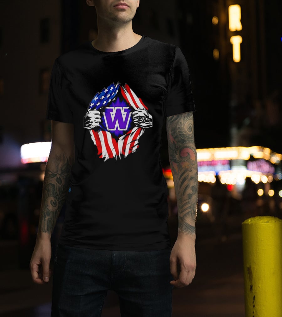 Washington Huskies W Logo American Flag Ripped Chest T-Shirt