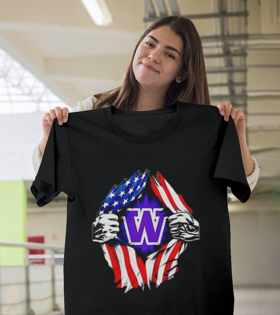 Washington Huskies W Logo American Flag Ripped Chest T-Shirt