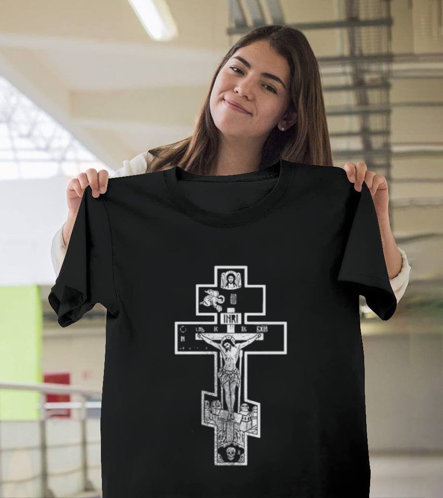 Jesus Christ INRI Crucifixion Symbol With Religious Icons And Figures T-Shirt