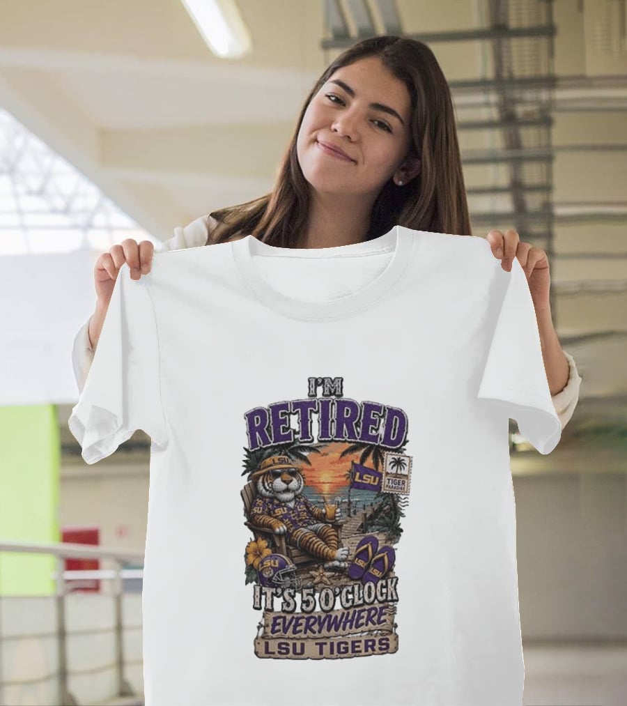LSU Tigers I'm Retired It's 5 O' Everywhere Beach Relaxation With Palm Trees And Sunset T-Shirt