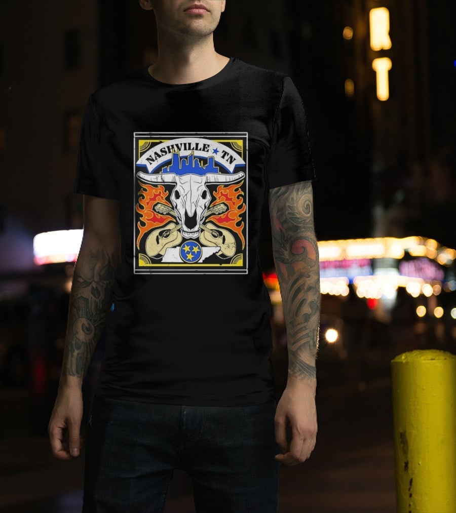 Nashville TN Cow Skull Guitars Flames Skyline Blue Star T-Shirt