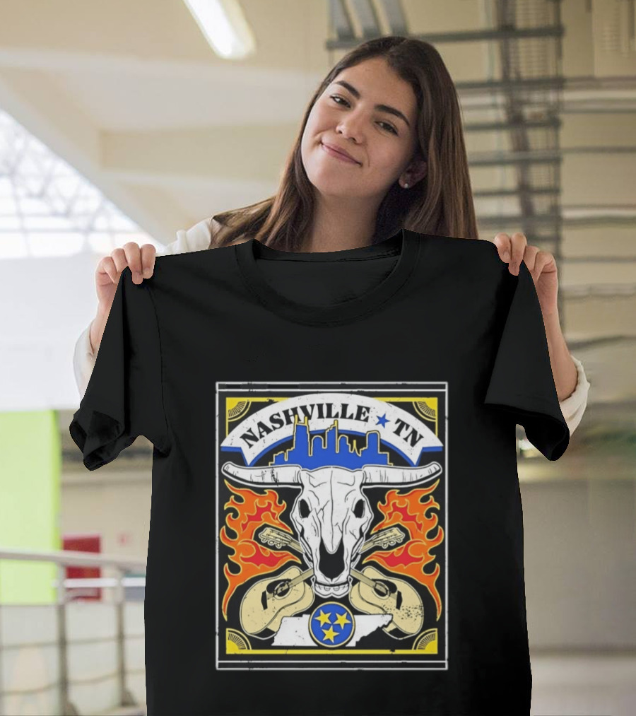 Nashville TN Cow Skull Guitars Flames Skyline Blue Star T-Shirt