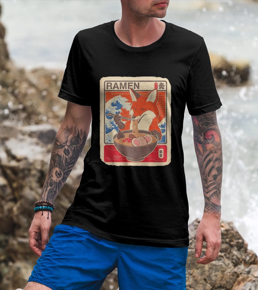 Fox Eating Ramen With Japanese Wave T-Shirt