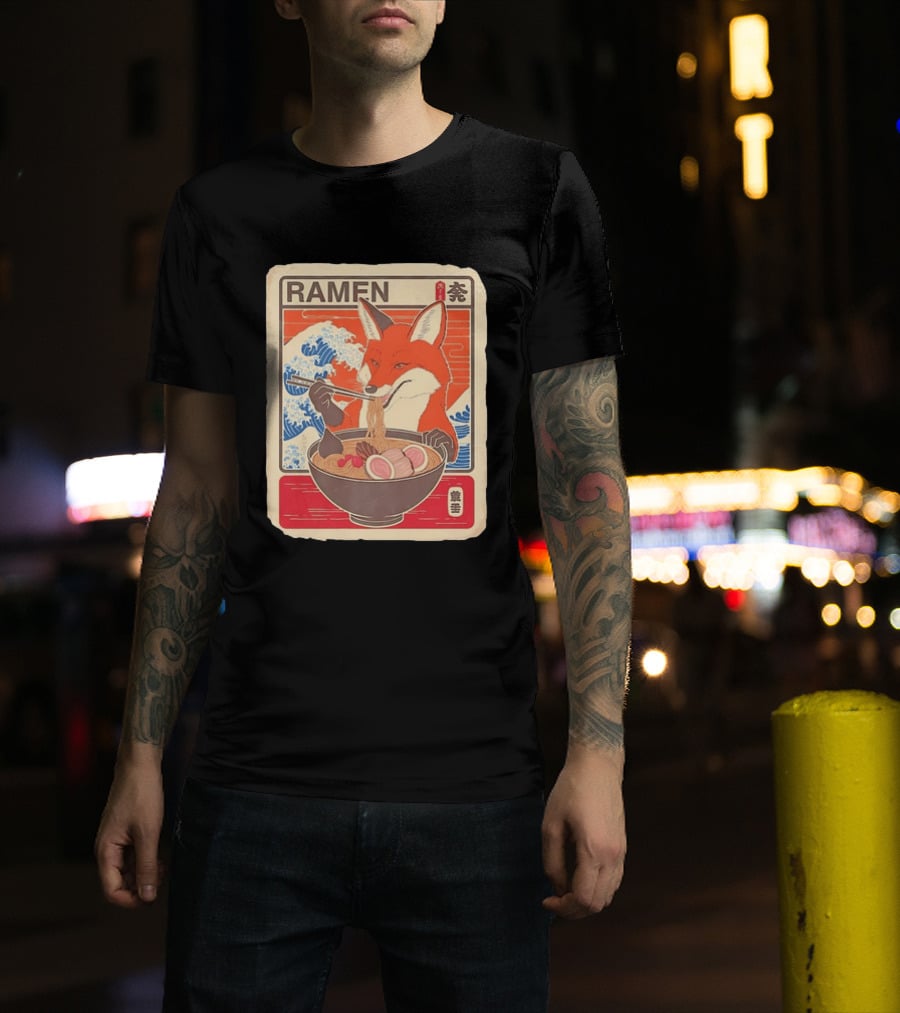 Fox Eating Ramen With Japanese Wave T-Shirt