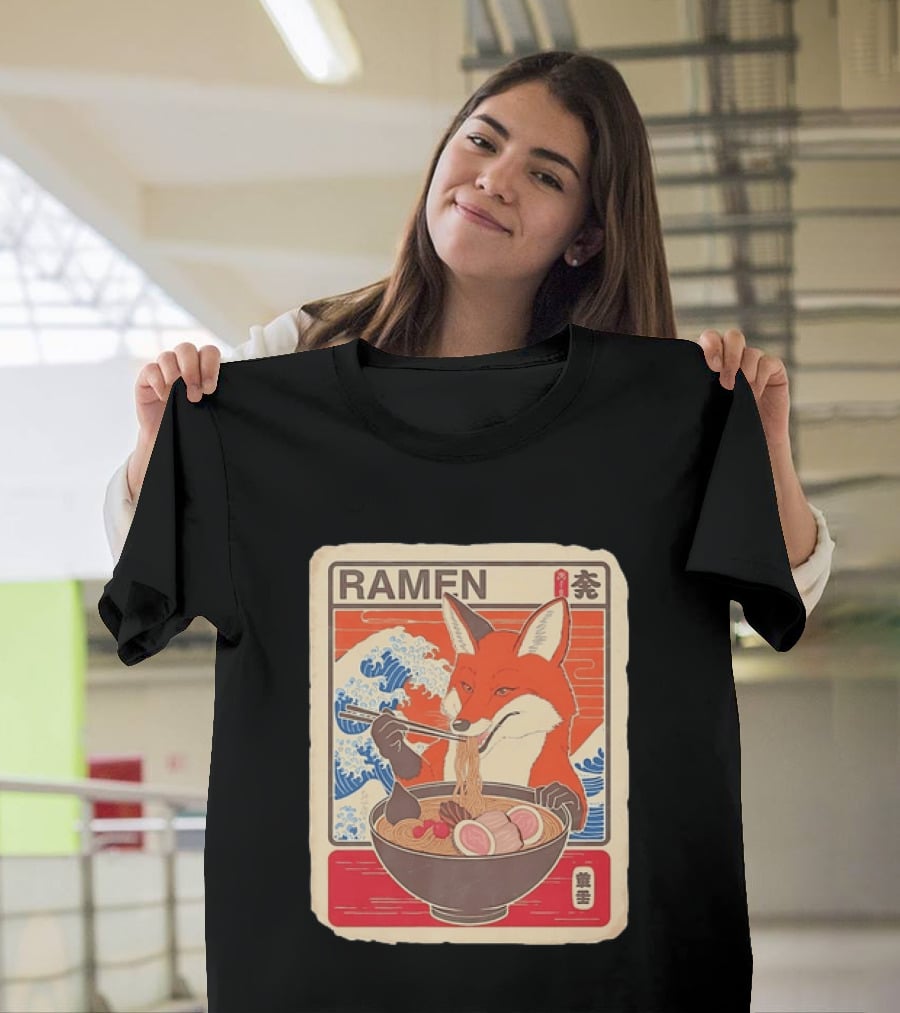 Fox Eating Ramen With Japanese Wave T-Shirt