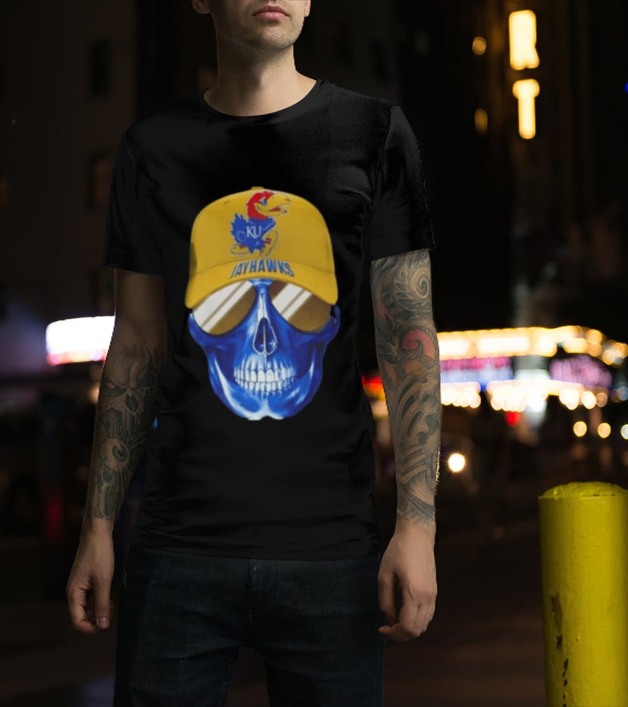 Kansas Jayhawks Skull Cap Fans Wear KU Jayhawks Edition T-Shirt