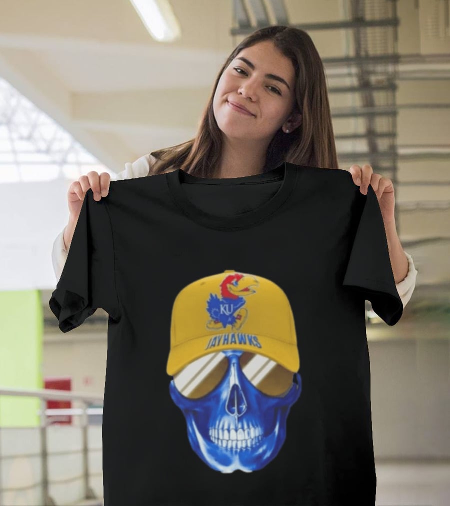Kansas Jayhawks Skull Cap Fans Wear KU Jayhawks Edition T-Shirt