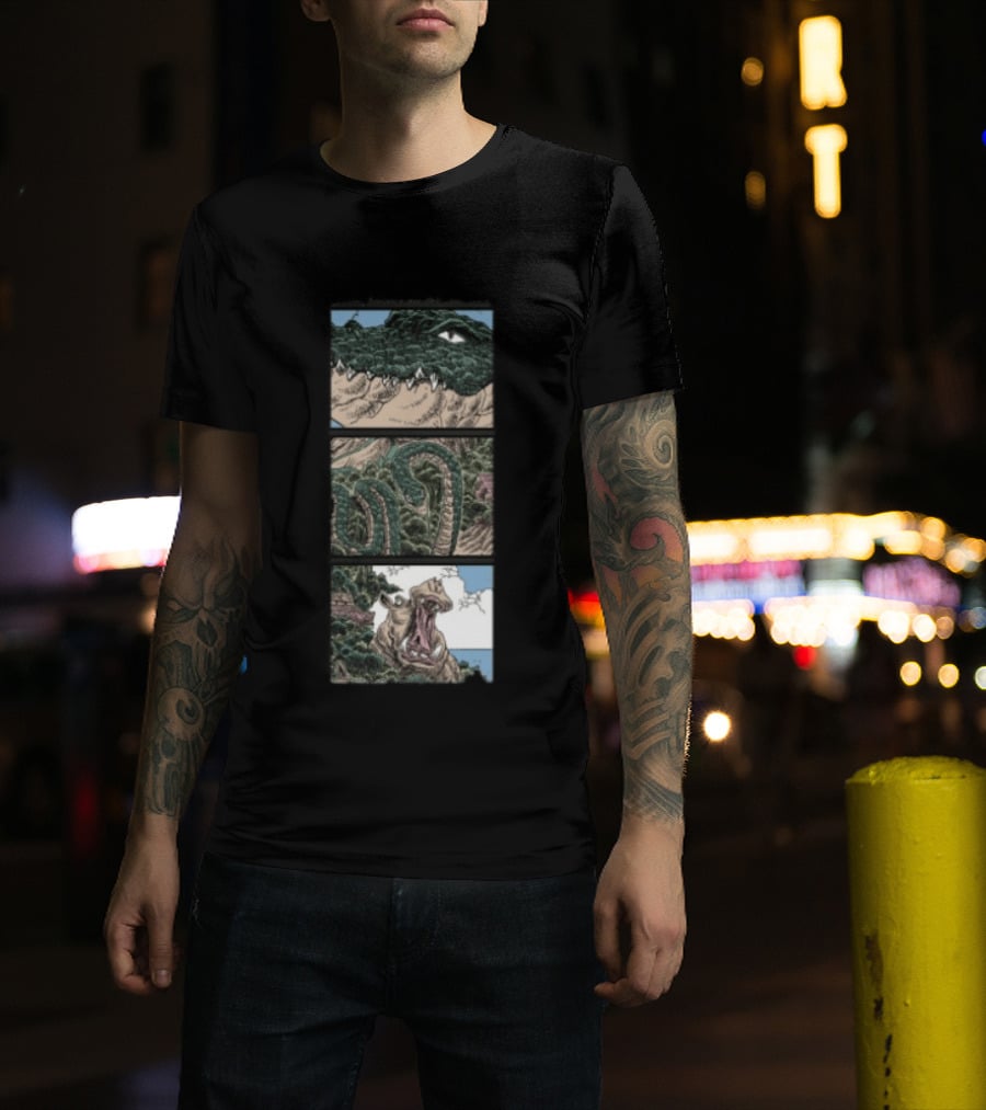 The Longest Johns Store Ends Of The Earth UK Tour Black Crocodile And Dinosaur Comic Strip T-Shirt