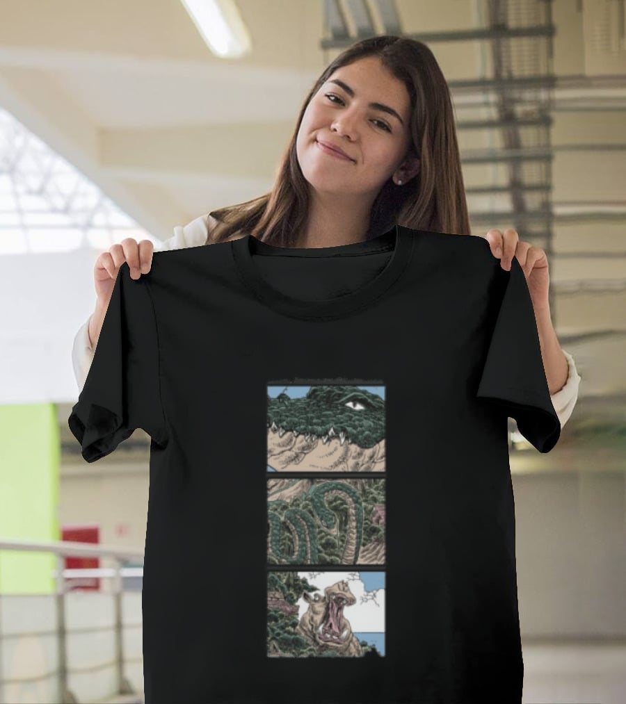 The Longest Johns Store Ends Of The Earth UK Tour Black Crocodile And Dinosaur Comic Strip T-Shirt