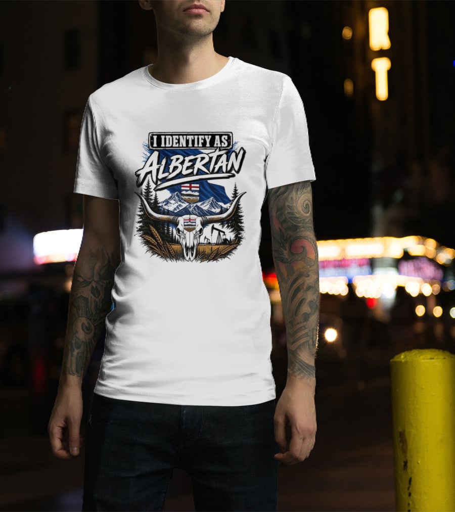 I Identify As Albertan Alberta Flag Longhorn Skull Wheat Forest Scene T-Shirt