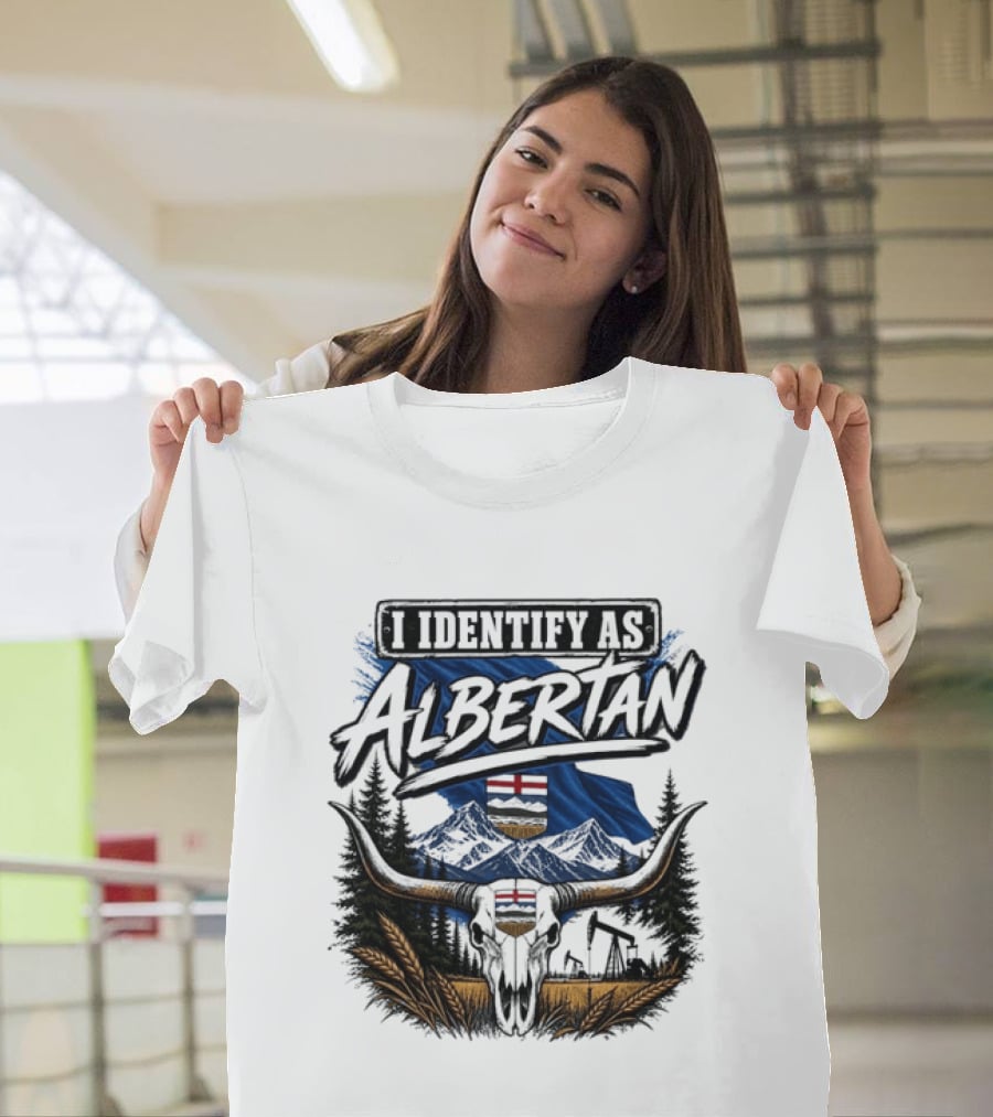 I Identify As Albertan Alberta Flag Longhorn Skull Wheat Forest Scene T-Shirt