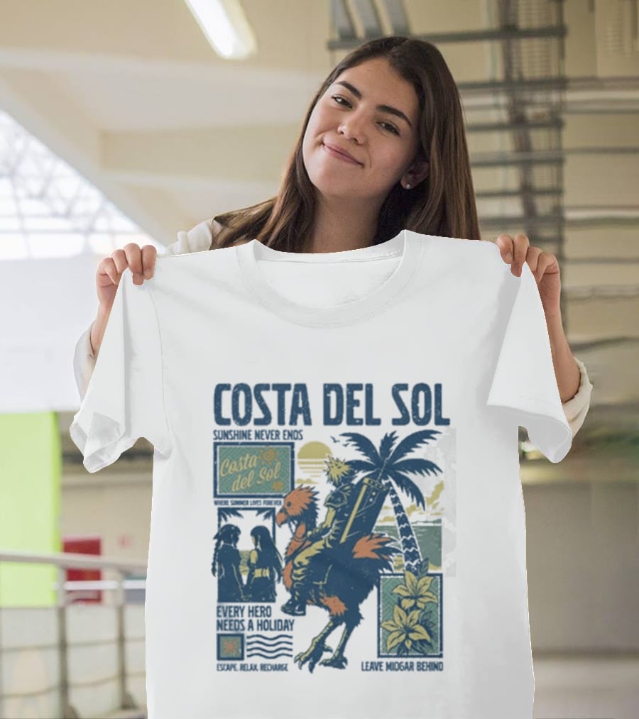 Costa Del Sol Final Fantasy Chocobo Beach Scene Palm Trees T-Shirt