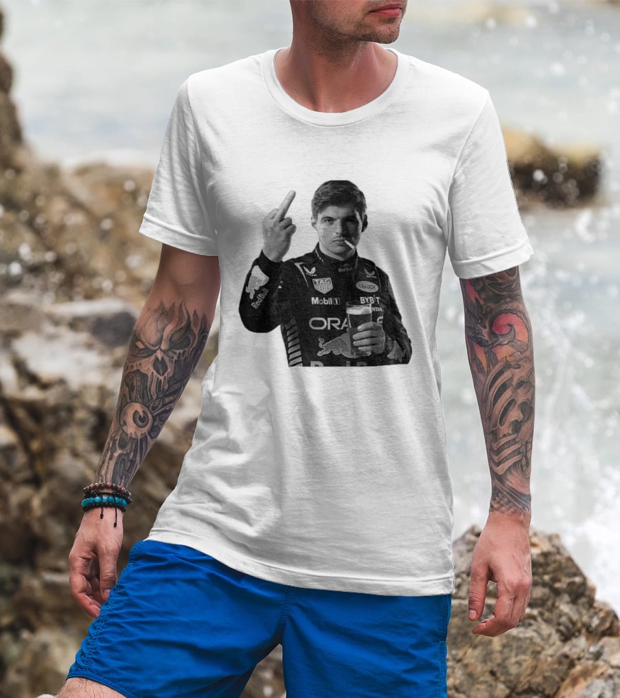 Max Verstappen Red Bull Racing Smoking Beer Middle Finger T-Shirt