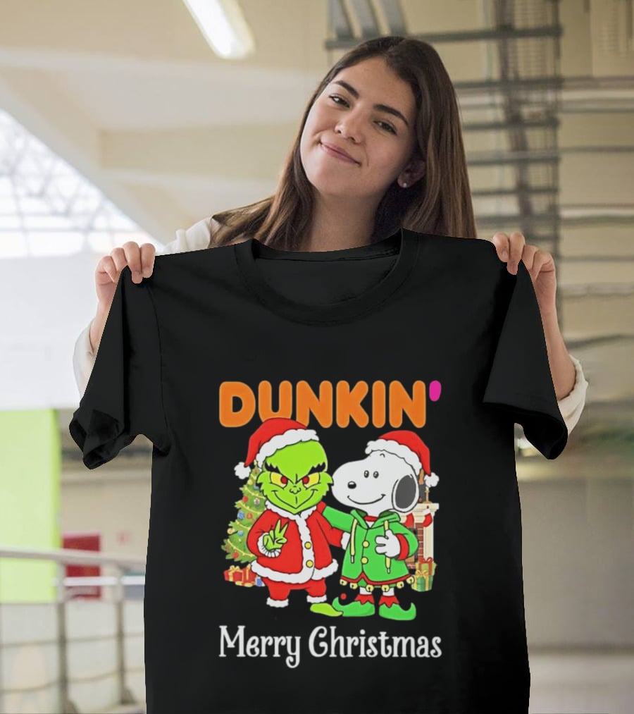 Dunkin Merry Christmas Grinch Snoopy Santas T-Shirt