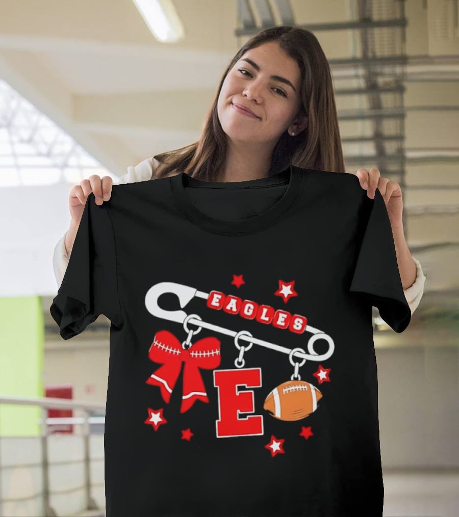 Eagles Safety Pin Charm Football Bow Letter E Stars T-Shirt