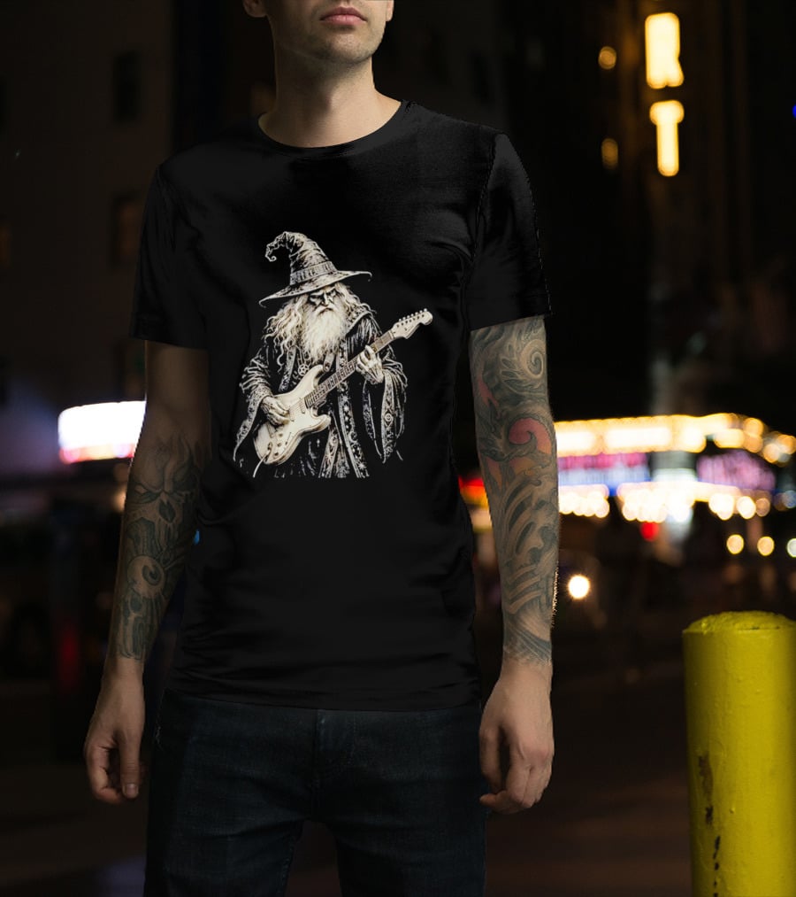 Wizard Playing Electric Guitar Fantasy Musician Magical Rock Legend T-Shirt