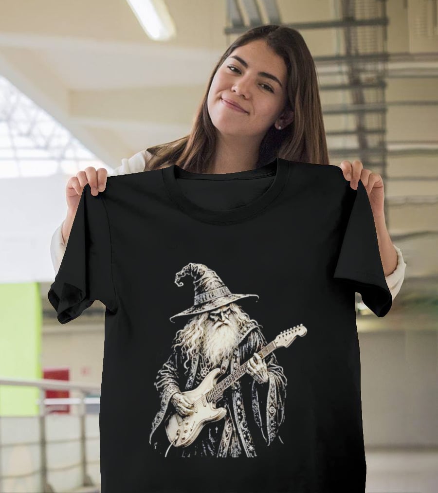 Wizard Playing Electric Guitar Fantasy Musician Magical Rock Legend T-Shirt