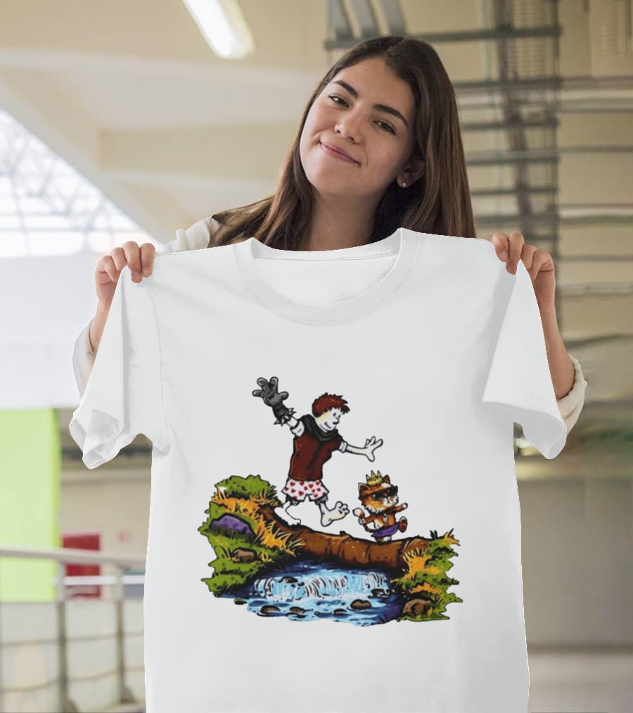 Boy And Crowned Cat Balancing On Log Over Stream T-Shirt