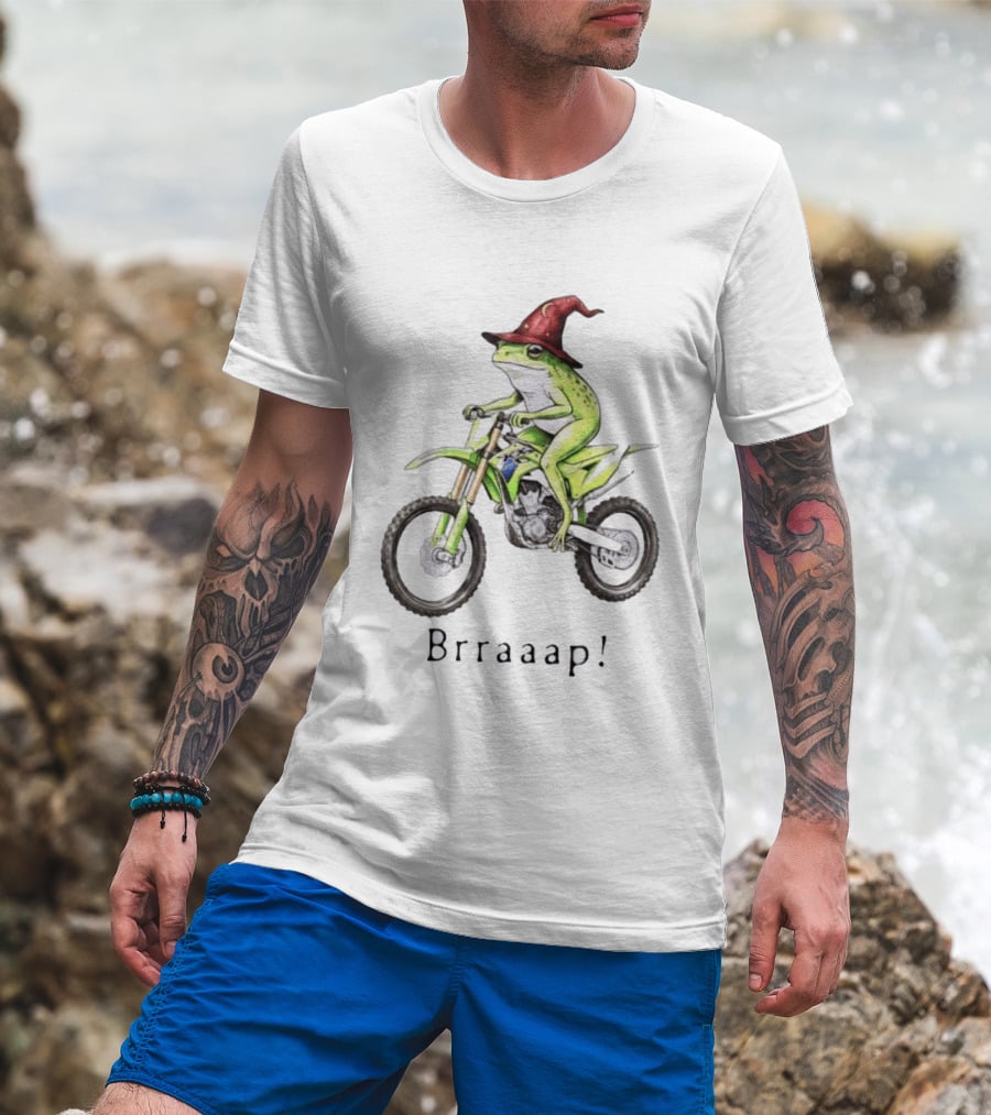 Brraaap Wizard Frog On Green Motocross Bike T-Shirt