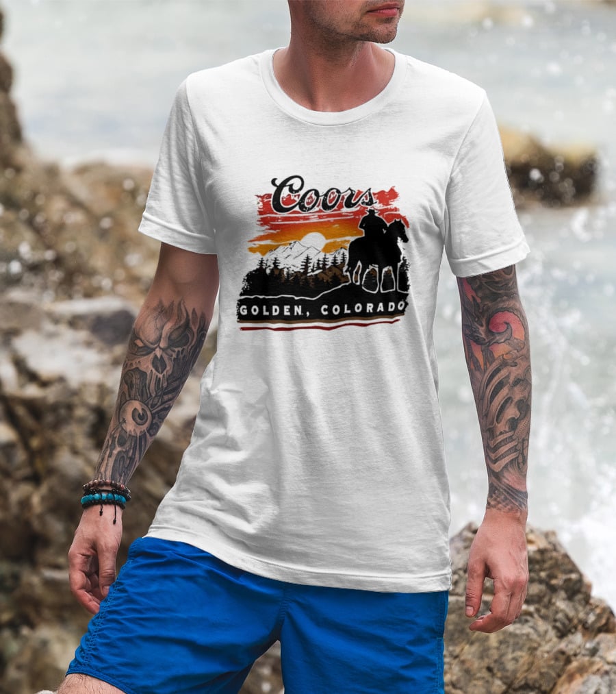 Coors Golden Colorado Cowboy Sunset Mountains T-Shirt