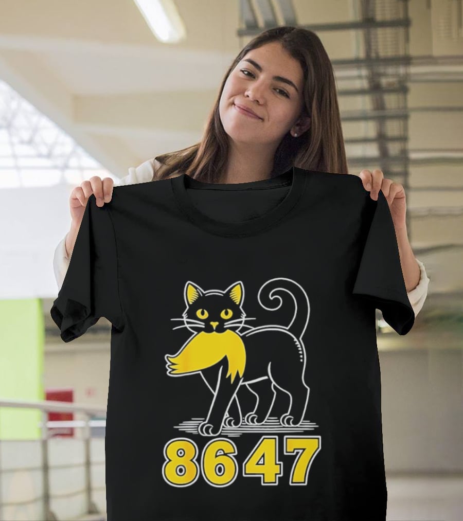 Black Cat 8647 Feline With Yellow Mustache T-Shirt