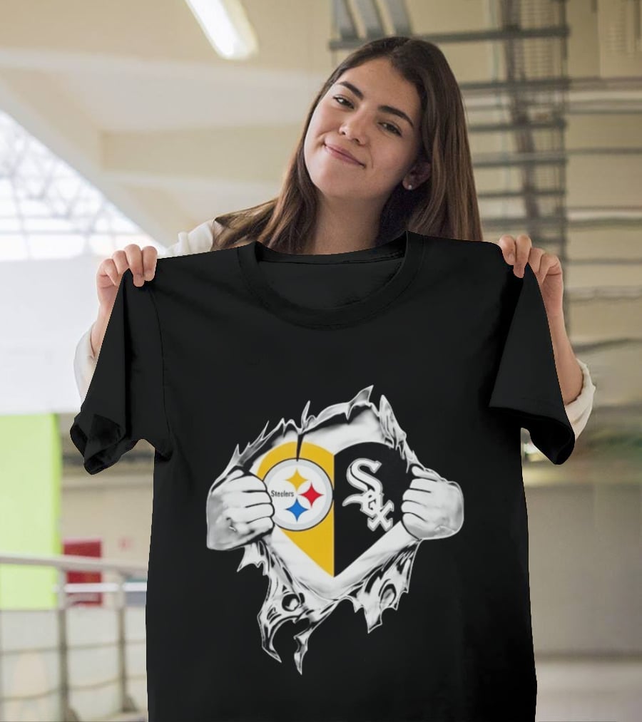 Pittsburgh Steelers Chicago White Sox Heart Superman Chest Rip T-Shirt