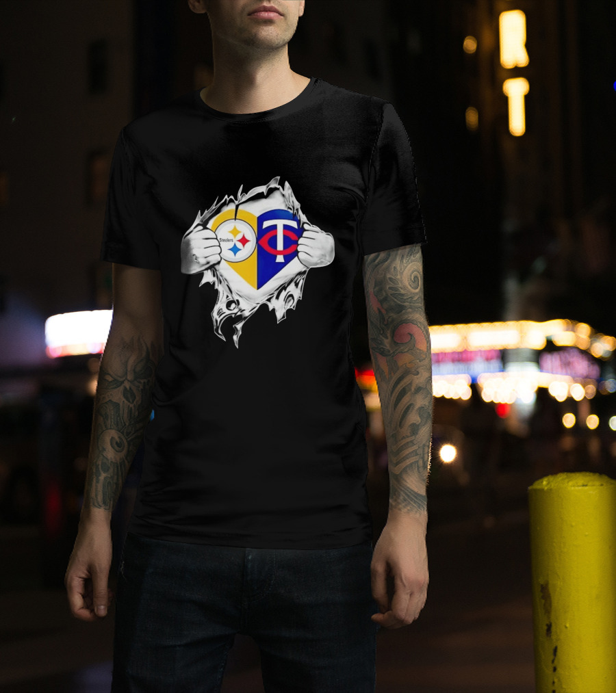 Pittsburgh Steelers Minnesota Twins Heart Superman Chest Rip T-Shirt