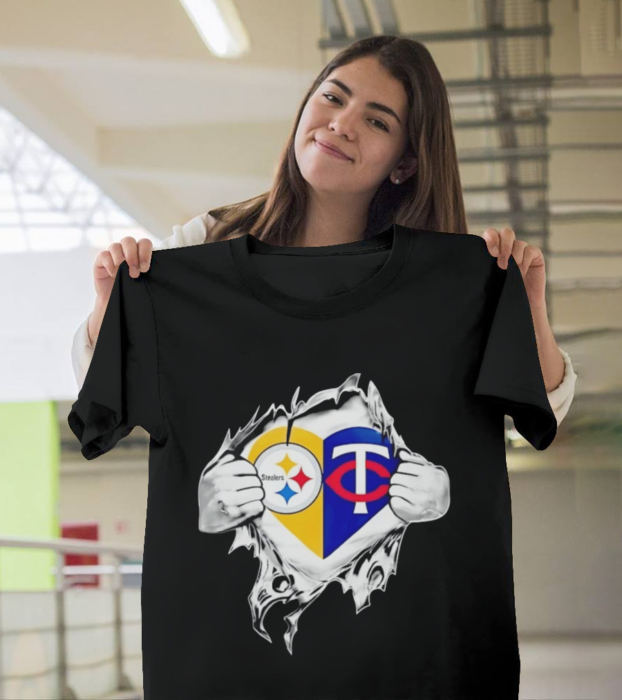 Pittsburgh Steelers Minnesota Twins Heart Superman Chest Rip T-Shirt